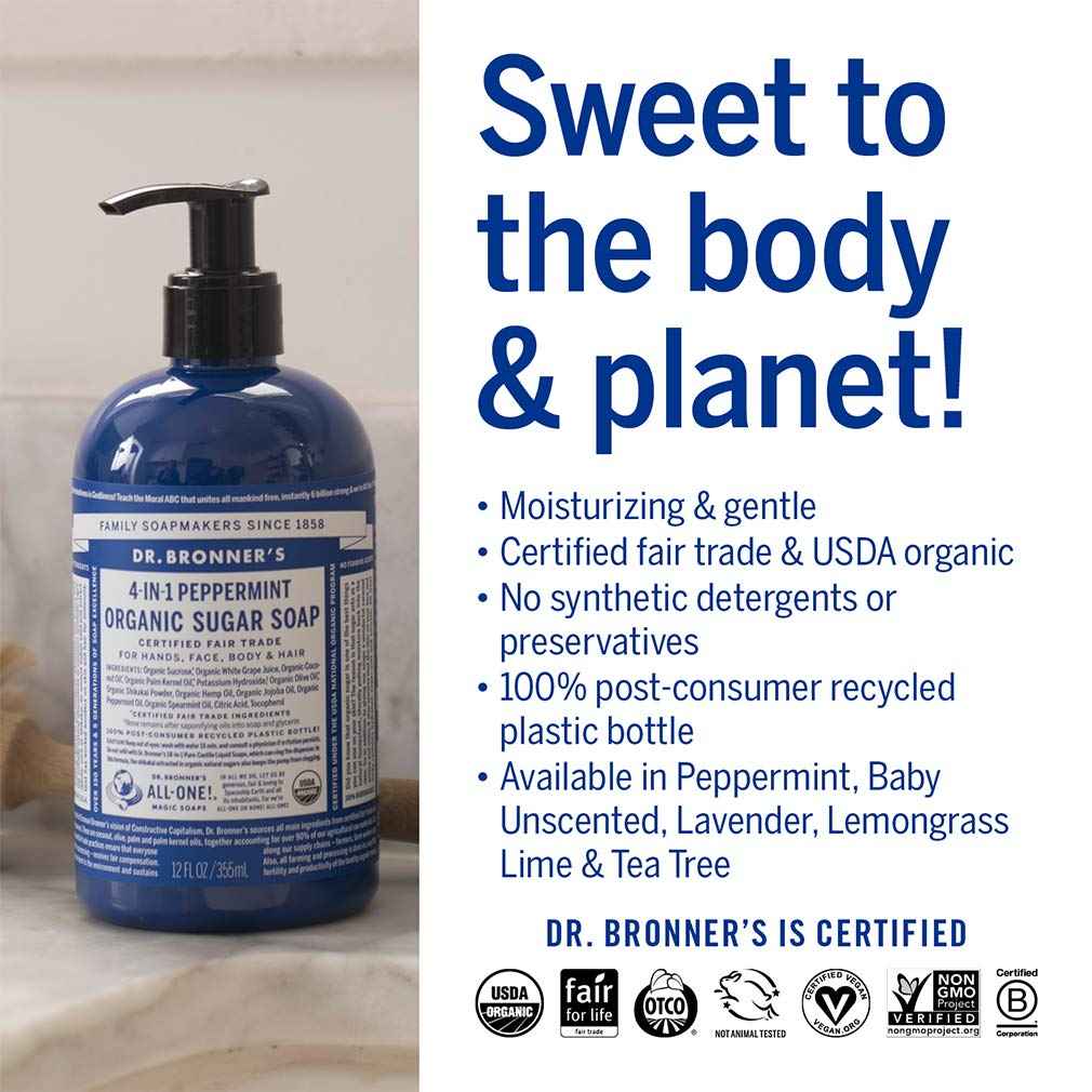 Dr. Bronner's - Organic Sugar Soap (Peppermint, 12 oz) - Made with Organic Oils, Sugar & Shikakai Powder, 4-in-1 Uses: Hands, Body, Face & Hair, Cleanses, Moisturizes & Nourishes, Vegan, Non-GMO