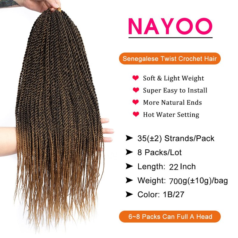 NAYOO Senegalese Twist Crochet Hair for Black Women - 22'' Twist Synthetic Braiding Hair Extensions 8 Packs 35 Stands/Pack Crochet Braids (T27, 22 Inch)