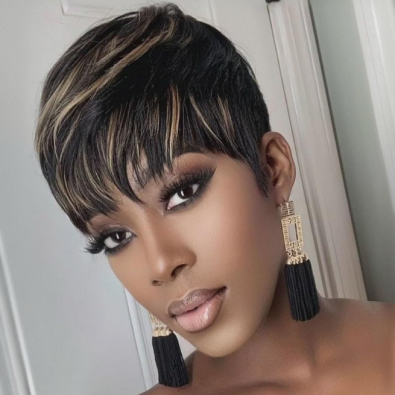 Nigteye Short Pixie Cut Wig for Black Women Human Hair Black and Blonde Color Glueless Wig Pixie Cut Human Hair Layered Brazilian Virgin For Women