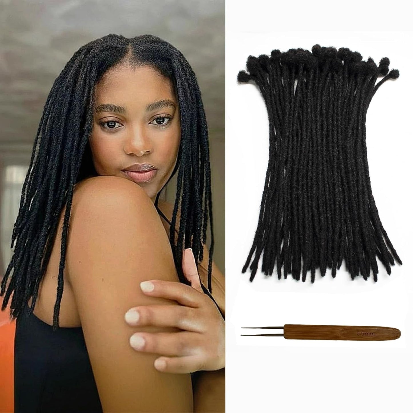 Human Hair Loc Extensions - 12 Inch Dreadlock Extensions | 30 Strands, 100% Handmade, Natural Black, Can Be Dyed & Curled