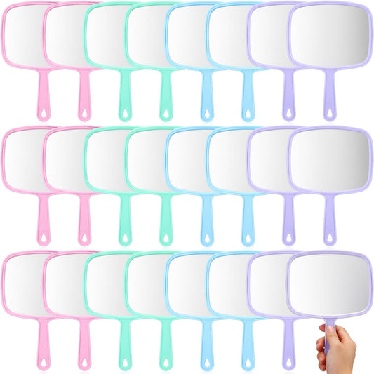 Geetery 24 Pcs Hand Held Mirrors with Handles Hand Makeup Mirrors Bulk Wall Mount for Women Cosmetic Bathroom Home Barber Salon Travel Portable Beauty School Gift, 6.69 x 9.45 Inch (Pastel)
