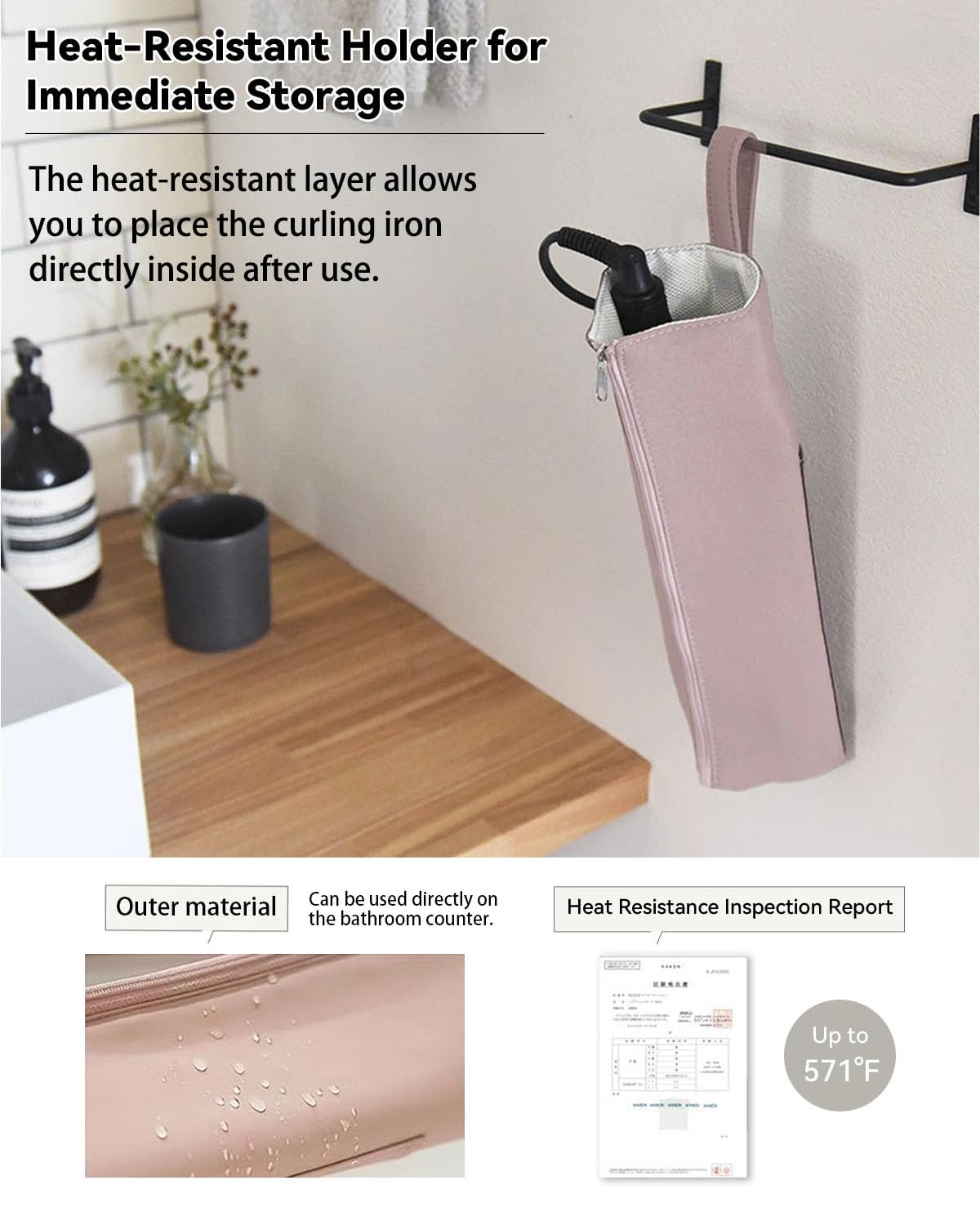 Easy-U Holder & Mat for Curling Iron Flat Iron, Heat Resistant Hot Hair Tool Travel Bag Case (pink&beige)