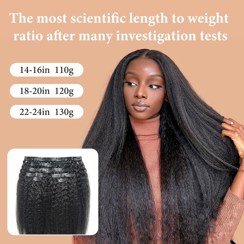 Kinky Straight Clip-In Hair Extensions for Black Women | Real Human Hair, 18 Inch, 120 Grams, Seamless PU Design
