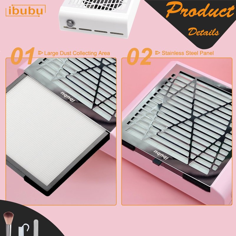 ibubu Nail Dust Collector Machine Electric Strong Suction Nail Dust Vacuum Cleaner Nail Salon Dust Extractor Acrylic Nail Powder Dust Collector Vacuum Fan with Multiple Tool Kits for Nails Pink