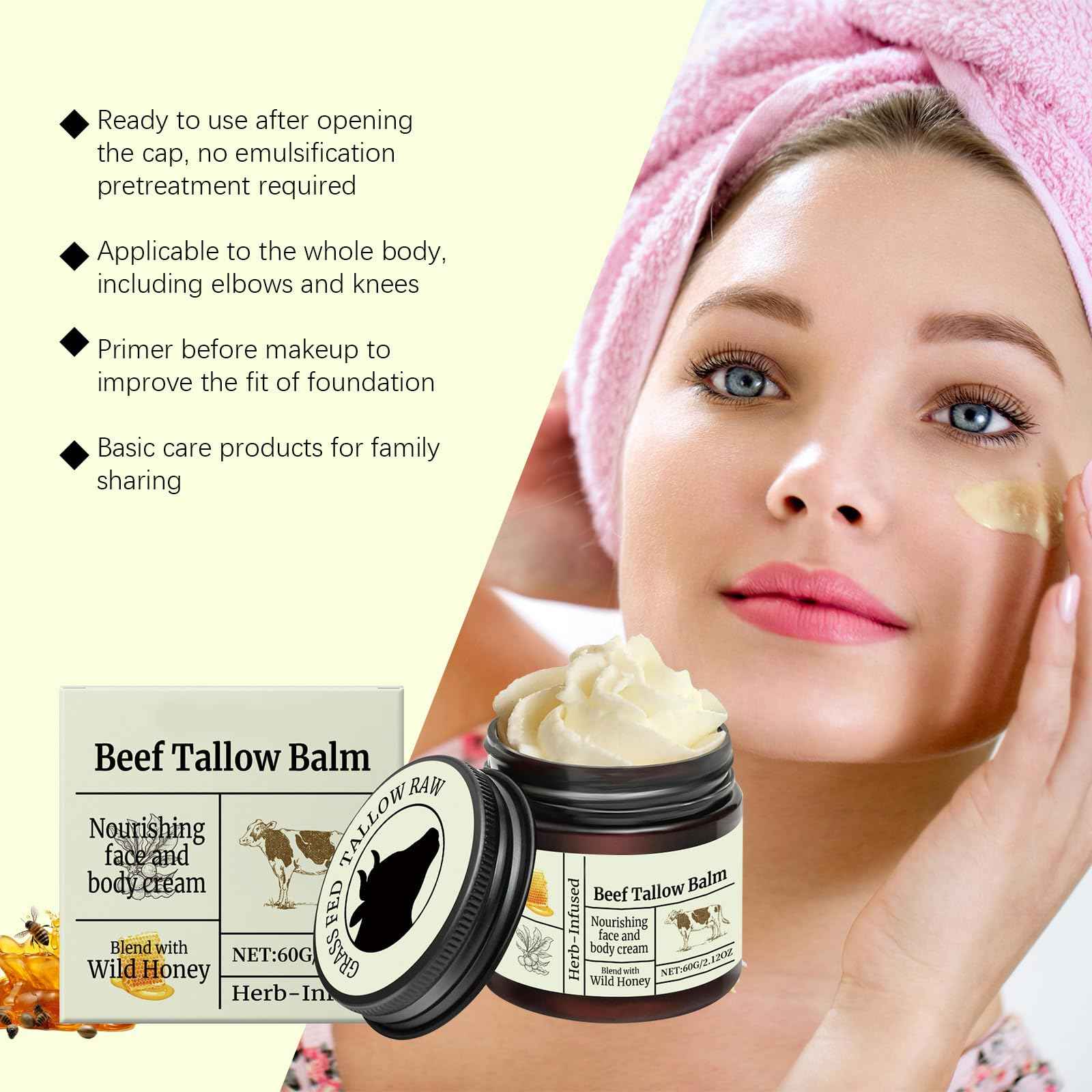 Beef Tallow for Skin Care - Tallow Honey Balm Face Cream | Whipped Body Butter for Dry Skin | Nourishing Face and Body Cream, 60g/2.12oz