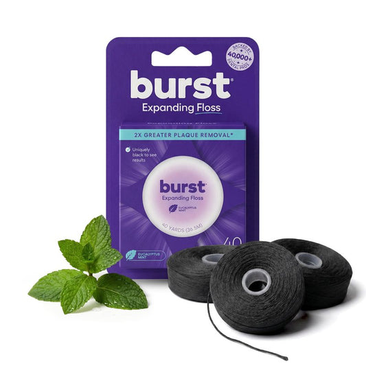 BURST Expanding Dental Floss Kit (Mint Eucalyptus/120 Yards/Starter Kit + 3 Refills) | Stain Absorbing & Woven Tooth Floss with Xylitol Coating to Fight Cavities | Vegan | Paraben Free Expanding Floss