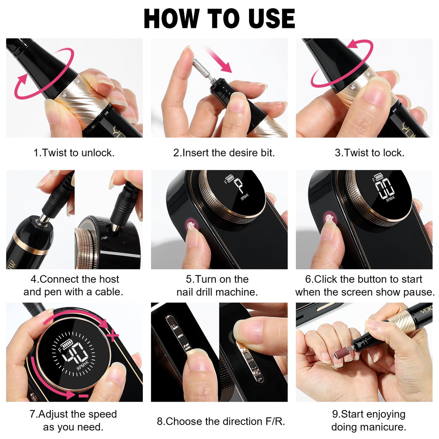 YOKE FELLOW Nail Drill Machine - 40000 RPM Electric Nail File Nail Drills for Acrylic Nails Professional with 12 Drill Bits Manicure Pedicure Polishing Nail Drill for Home Use