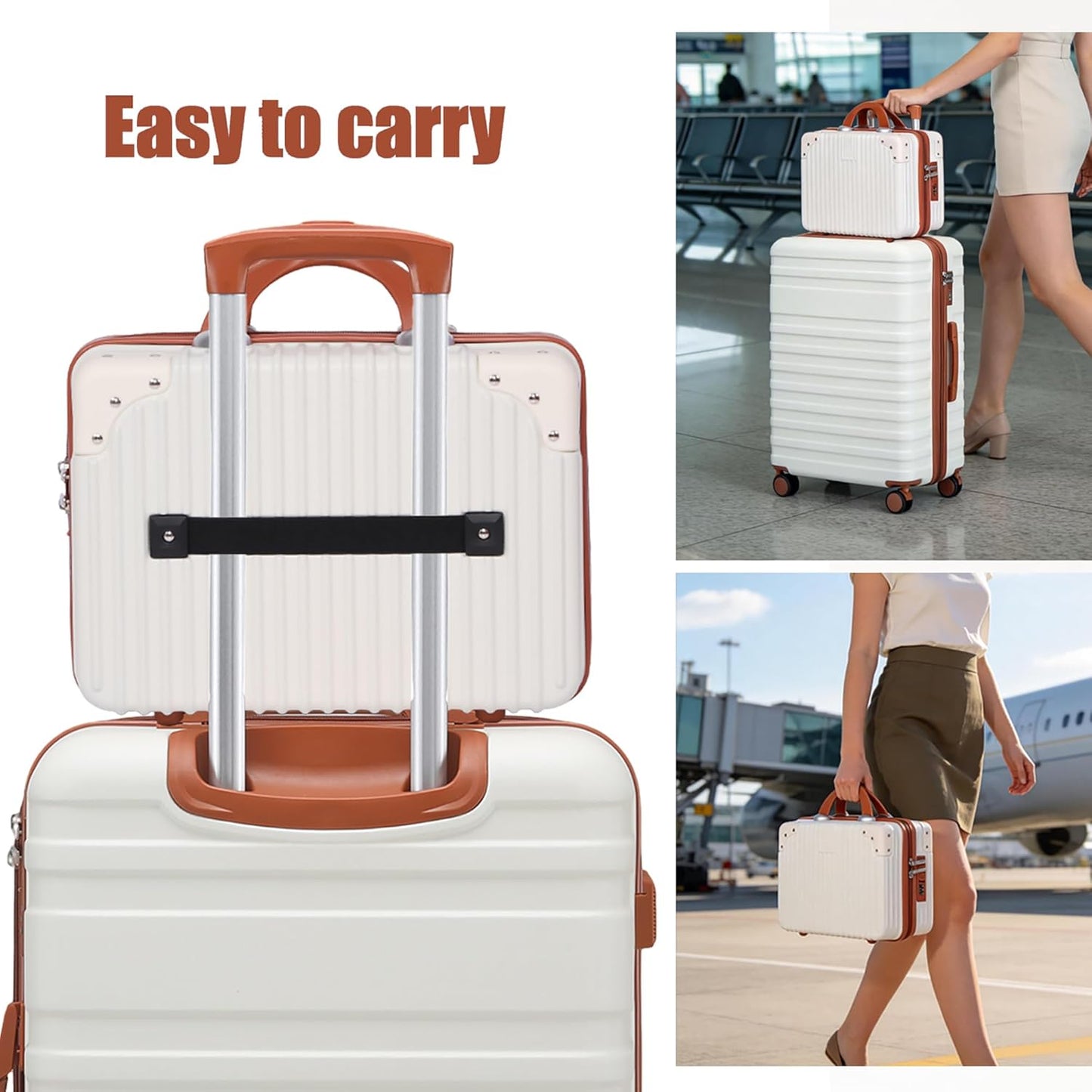 Portable 14-Inch Makeup Travel Case - Pressure-Proof Hard Suitcase with Elastic Band | Beige Toiletry Bag for Women