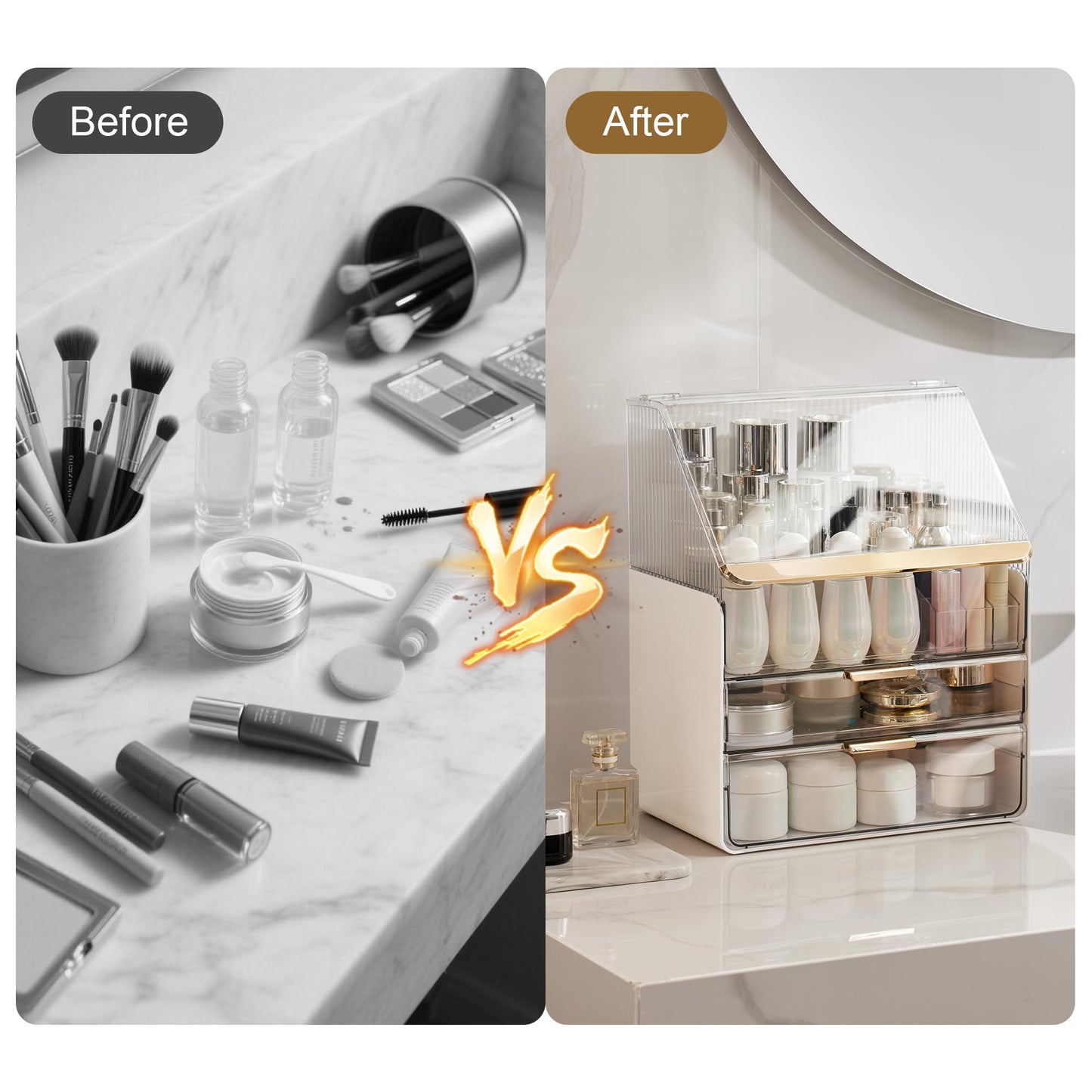 JOYMOOP Makeup Organizer with Transparent Cover, Skincare, Lipstick and Perfume Storage, Cosmetic Organizer, Makeup Box for Bathroom Countertop or Vanity Desk, White & Gold