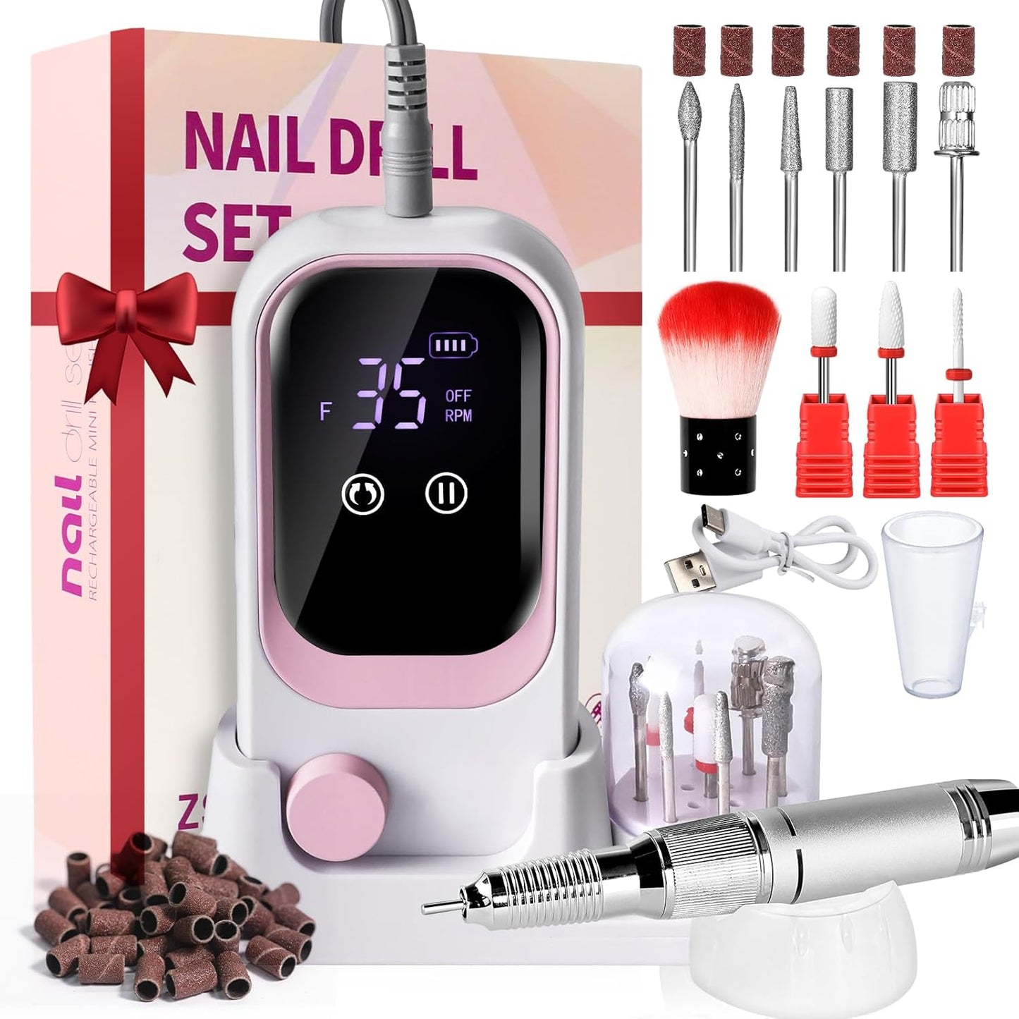 Electric Nail Drill - Professional 35000RPM Pink Nail File with Rechargeable Base & Bits | Essential for Acrylic Nails & Salon Use
