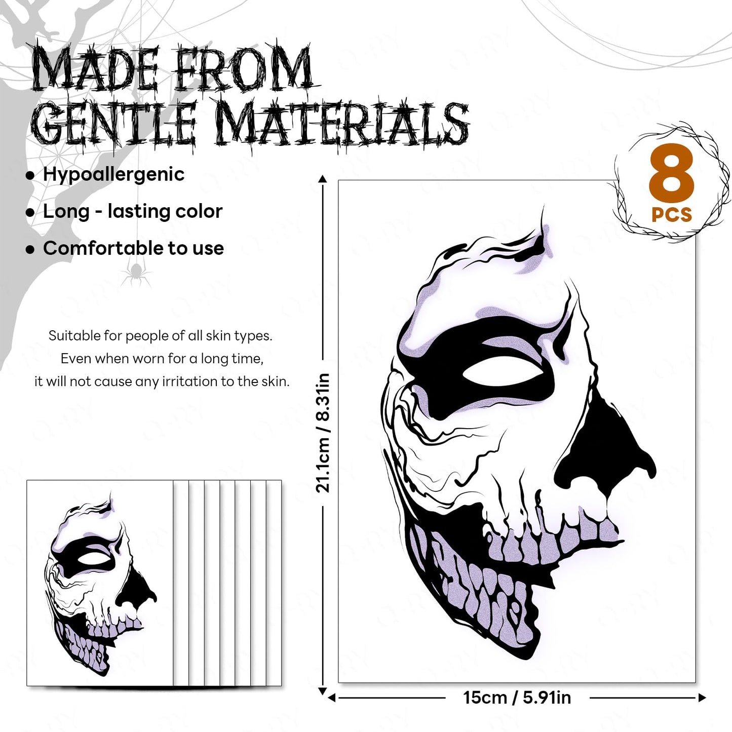 Halloween Scary Ghost Temporary Makeup Stickers Half Face Tattoo Patches Skeleton Eyeshadow Eyeliner Tattoos Zombie Decorations for Women Men Prank Cosplay Makeup Decals