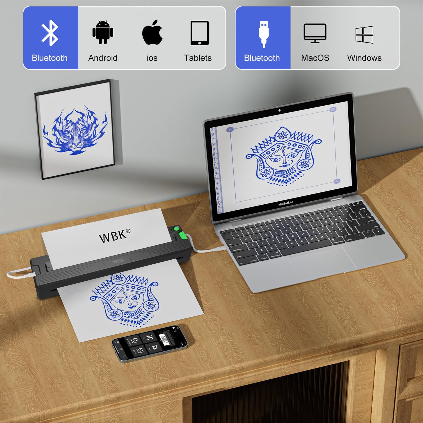wbk Tattoo Stencil Printer,2026 New Thermal Portable Wireless Bluetooth Inkless Tattoo Printer Machine for Tattoo Beginners&Artists,with 3pcs Tattoo Transfer Paper,Compatible with Phone/Pc&Pad