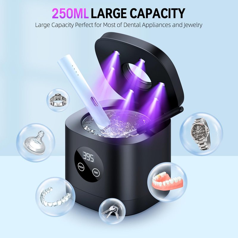 COBEEK Ultrasonic Retainer Cleaner Machine, 52kHz Ultrasonic Denture Cleaner for Night Guards, Braces, Toothbrush Heads, Jewelry and More, Ultrasonic Cleaner for Retainers, Black-Silver