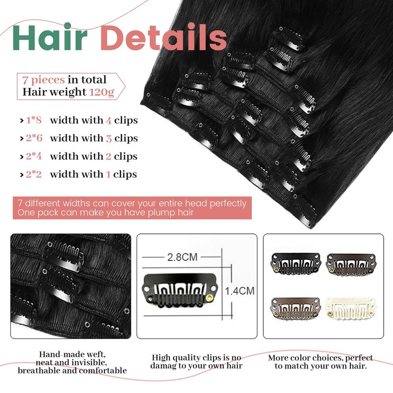 JESSBO Clip in Hair Extensions Real Human Hair 16 Inch 120g 7pcs Jet Black Seamless Human Hair Clip in Extensions Invisible Double Weft Natural Straight Hair Extensions for Woman (16 Inch #1)