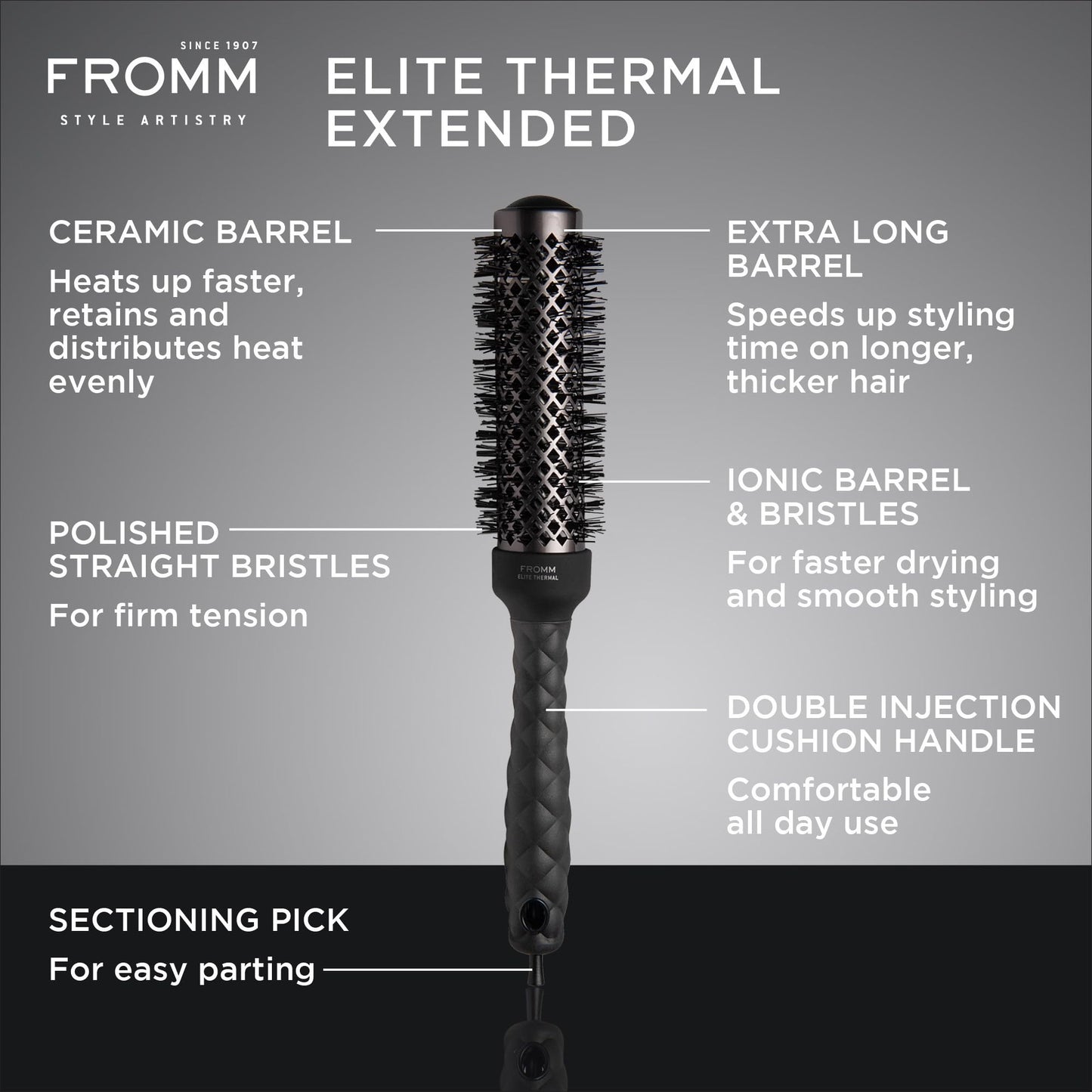 Fromm Elite Thermal Ceramic x Ionic 1.25" Round Brush for Expert Blowouts and Faster Hair Drying | Extended Barrel for Styling, Smoothing, Straightening Longer Thicker Hair