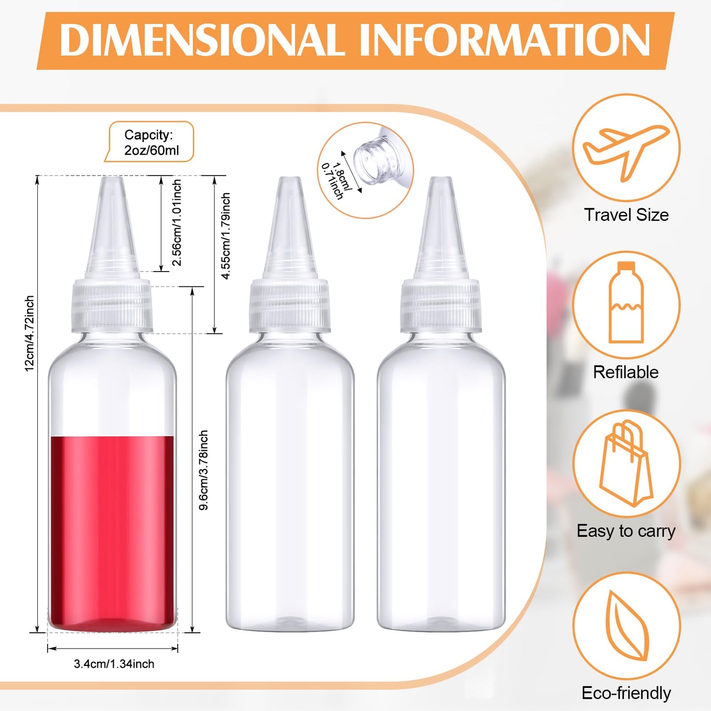 Eccliy 60 Pack 2 oz Boston Dispensing Squeeze Bottles Clear Plastic Oil Dropper Bottle Applicator Empty Refillable Bottles for Hair Color Liquids Oils Art Paint Kitchen Household