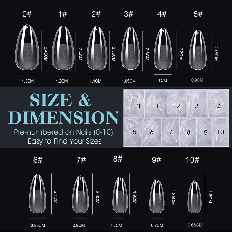 Gelike ec Nail Tips Almond for Salon: 552 Pcs 12 Sizes Medium Soft Gel Nail Tips for Manicure - Easy Use for Beginner DIY Women Girls Gifts - Sumer Nail Tip