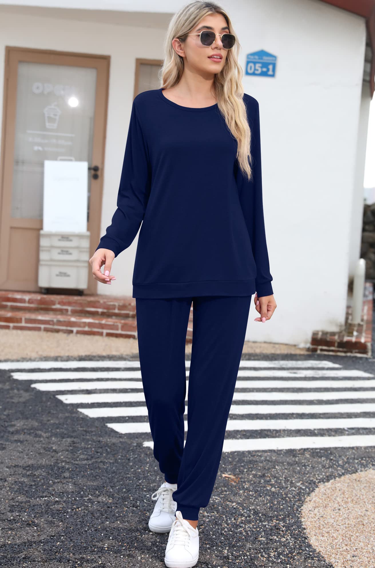PrinStory Womens Pajama Set Long Sleeve Sleepwear Nightwear Soft Pjs Lounge Sets With Pockets Navy Blue-X-Large