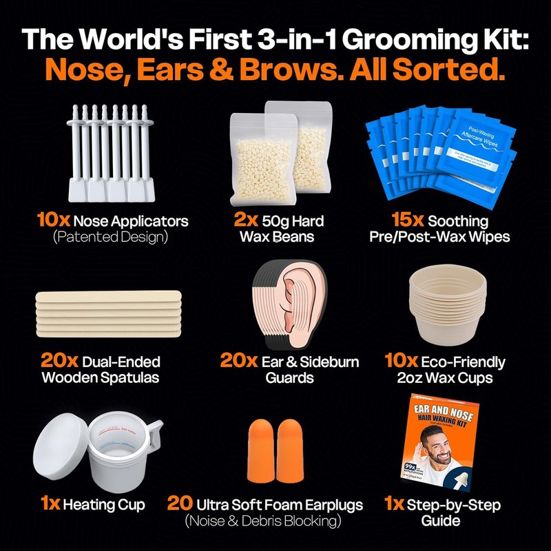 Ear Hair Removal Kit - Nose & Eyebrow Waxing for Men & Women | 100g Wax, 30 Sticks, Lasts 5 Weeks