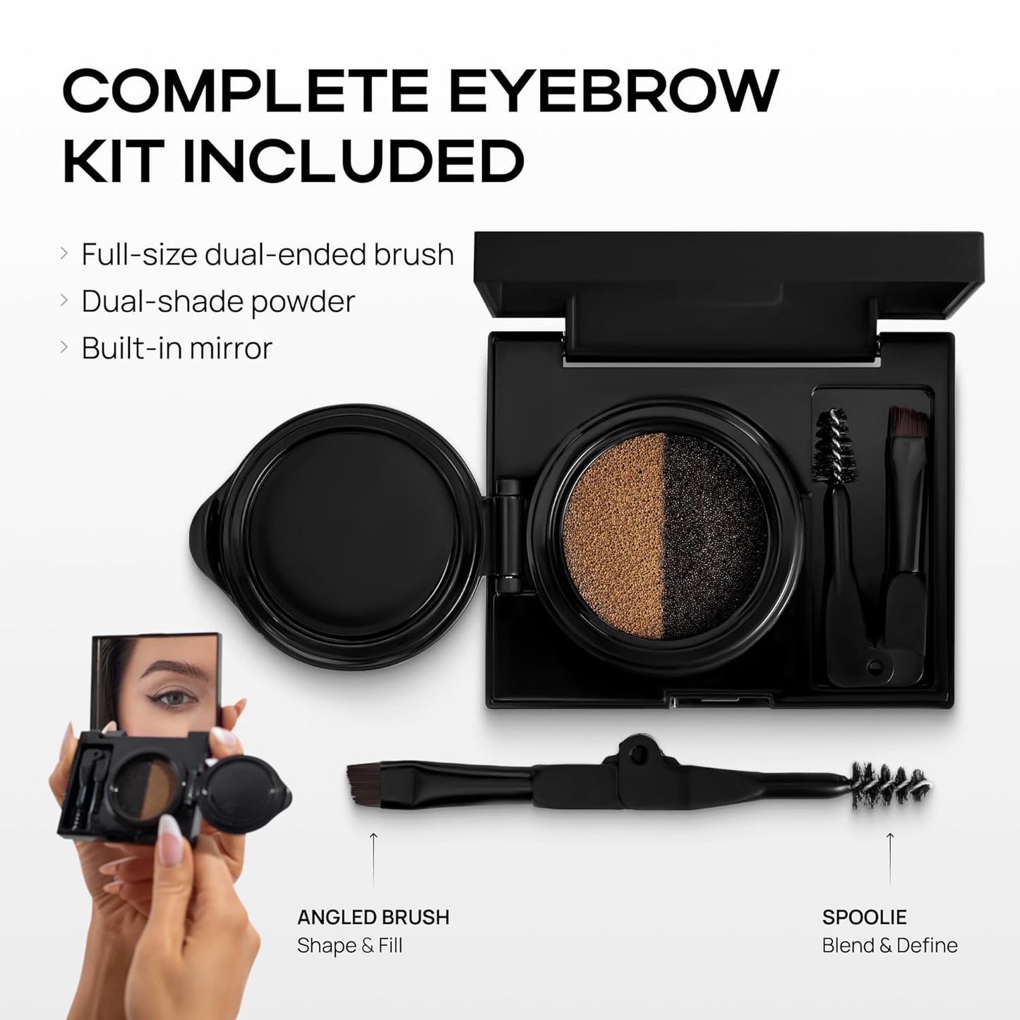 Eyebrow Powder Kit for Women - Dual Cushion Color Palette | Long-Lasting Light Brown & Black Shades with Brush & Mirror
