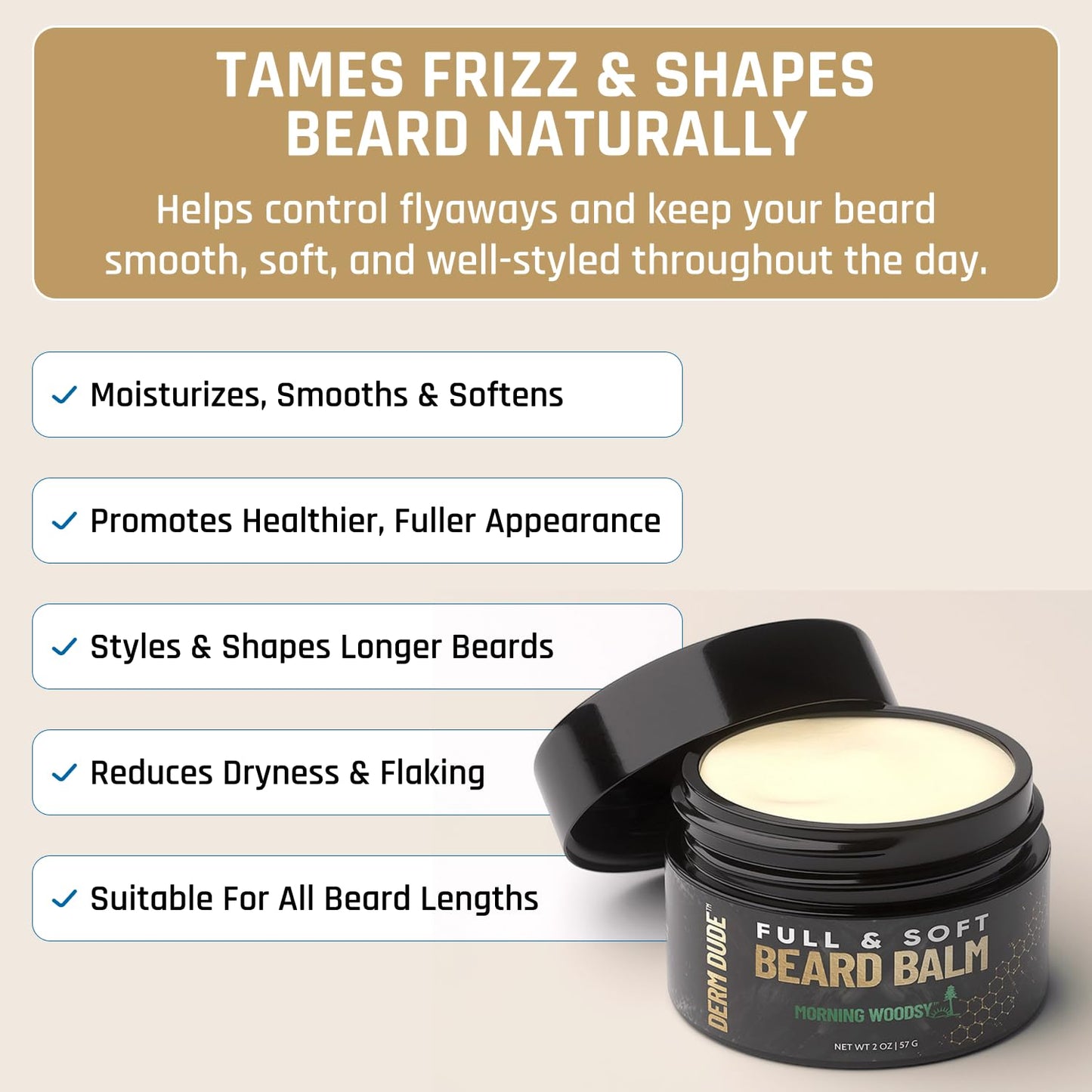 Derm Dude Full and Soft Beard Balm, Styles and Strengthens Beard, Promotes Fuller Beard, Moisturizes and Soothes Beard, and Free Beard Comb, Morning Woodsy Scent, 2 Fl Oz, 2 Pack