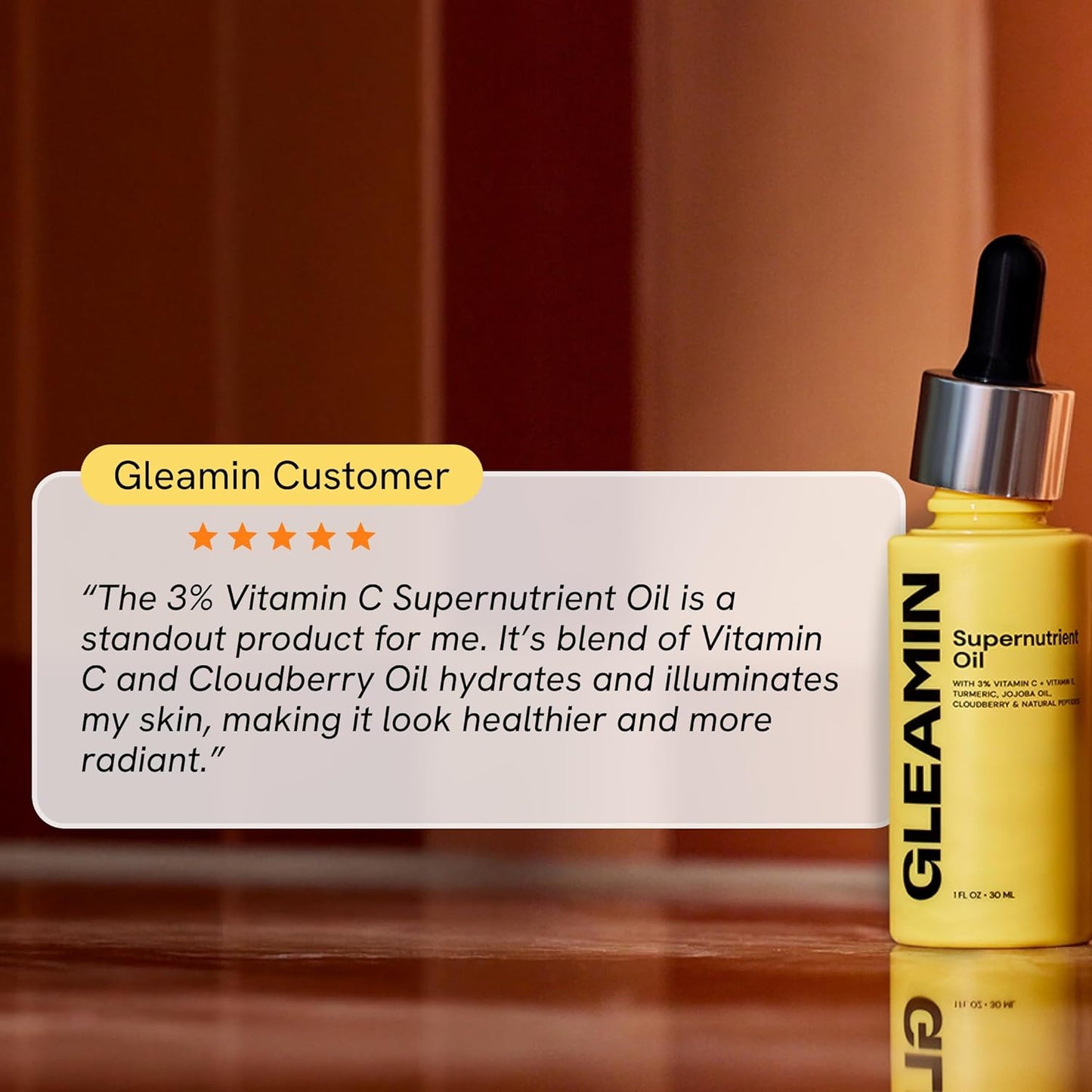Gleamin Supernutrient Facial Oil - 3% Vitamin C & Jojoba Oil for Hydration | Lightweight, Fragrance-Free, 1 Fl Oz