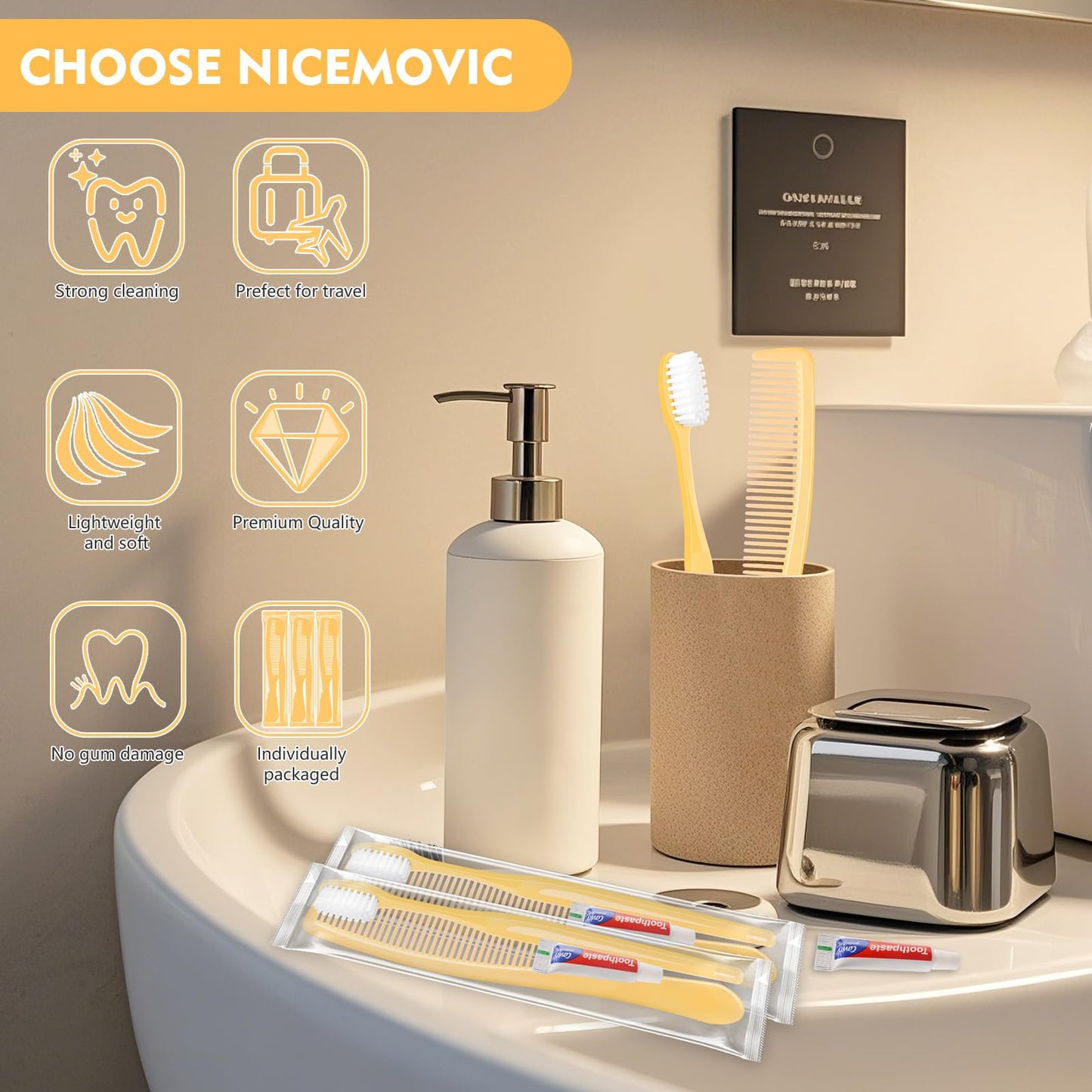 NICEMOVIC 100 Pack Disposable Travel Toothbrushes Bulk with Toothpaste and Comb Travel Size Toothpaste Set Homeless Care Package Supplies for Bulk Individually Wrapped Disposable Hotel Charity, Yellow