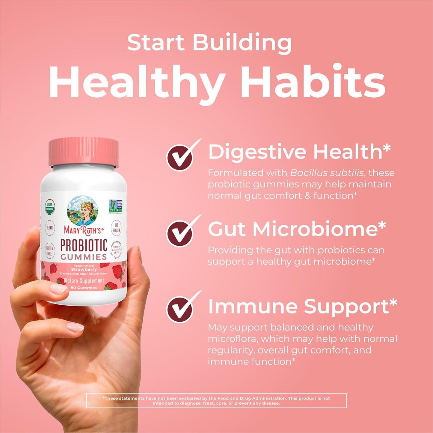 Organic Probiotic Gummies - Digestive & Immune Support Supplement | 5 Billion CFU | Vegan, Non-GMO, Gluten-Free | 60 Count