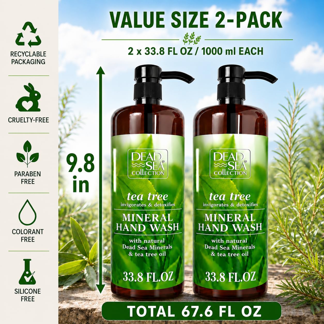 Dead Sea Collection Hand Soap Pump Tea Tree - Hand Wash Liquid with Dead Sea Minerals and Tea Tree Nourishing - Invigorates & Detoxifies Oil - Gentle for All Skin Types Pack of 2 (33.8 Fl Oz Each)