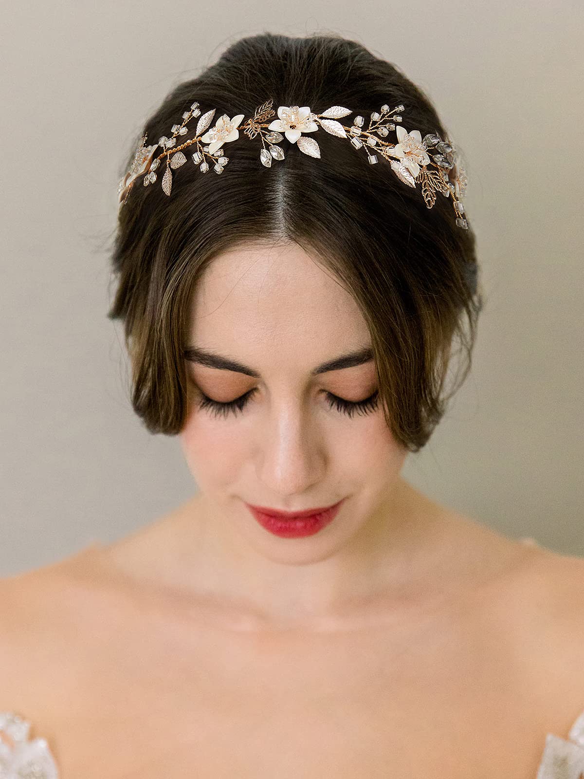 SWEETV Handmade Bridal Headband Flower Wedding Hair Accessories for Brides Hair Pieces Gold Flower Girl Headpieces
