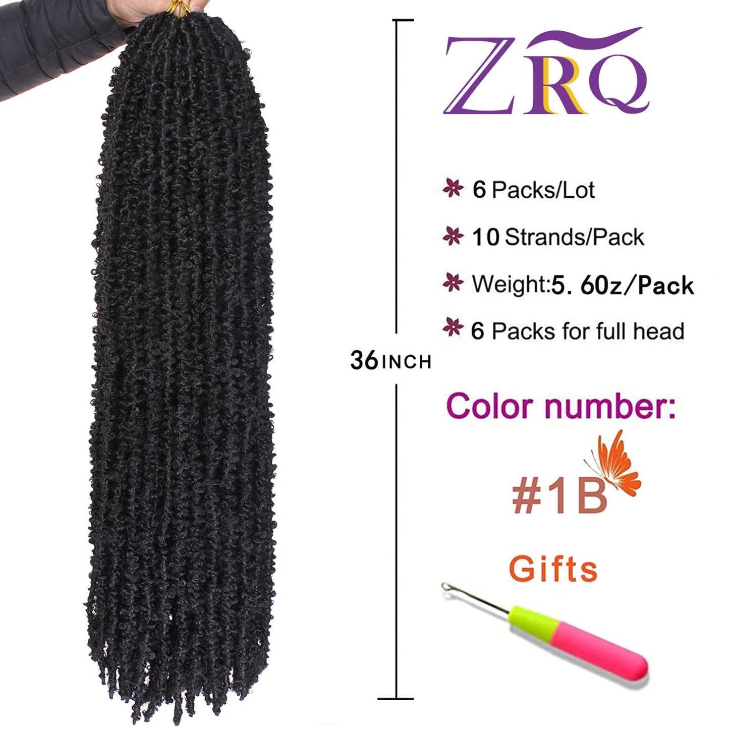 ZRQ Butterfly Locs Crochet Hair 36 Inch 6 Packs Pre Looped Distressed Locs Long Butterfly Locs Crochet Braids Most Natural Hair Extension for Black Women (36 Inch,1B)
