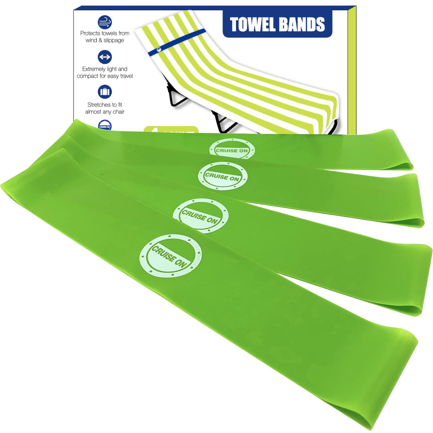 Cruise On Towel Bands for Cruise Chairs (4 Pack), Better Alternative to Towel Clips for Beach, Pool & Ships, Essential for 2026 & 2027 Trips, Secure & Stylish, Green