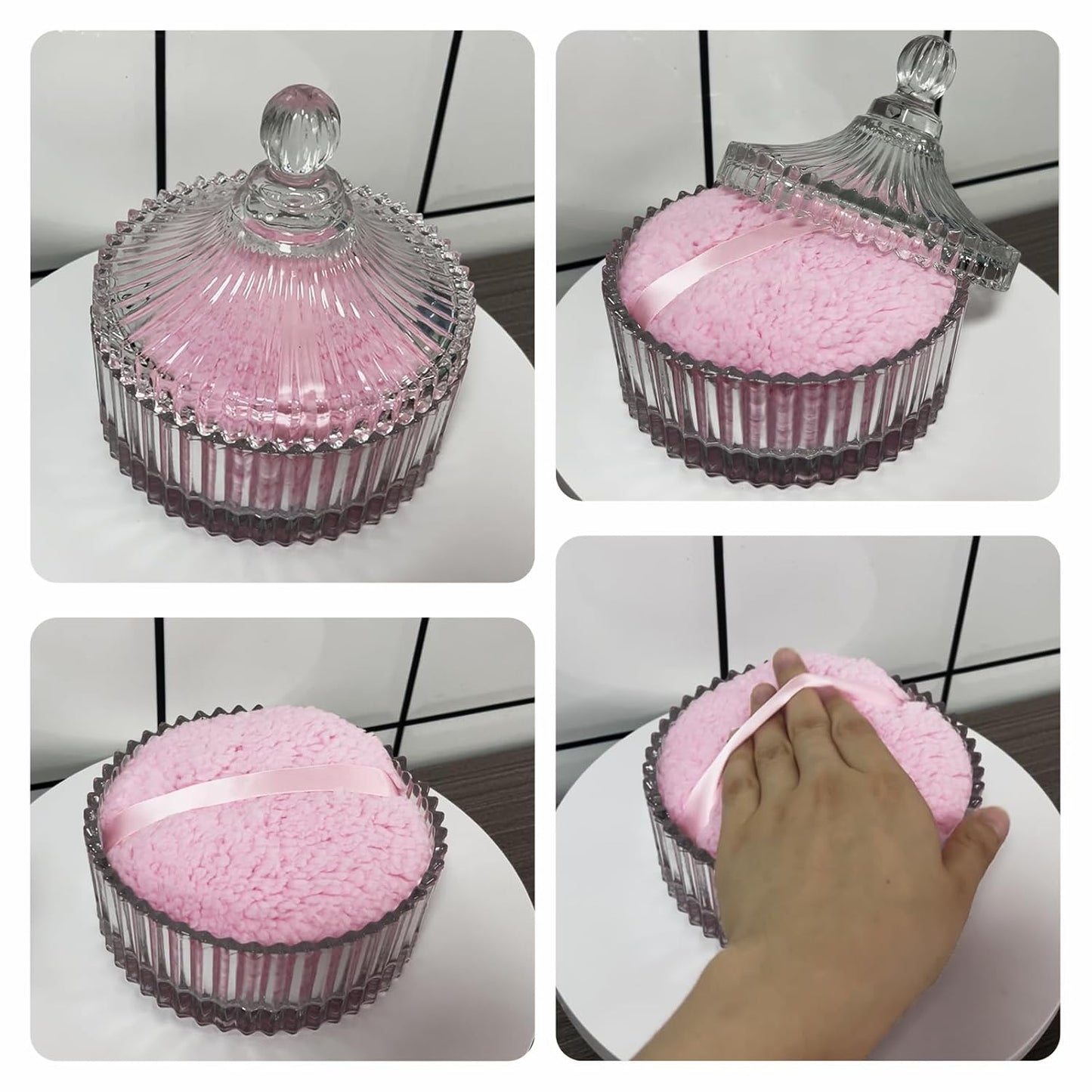 Extra Large Body Powder Puff & Crystal Glass Storage Jar - Dustproof Lid, Soft & Reusable Fluffy Puff for Skin Care