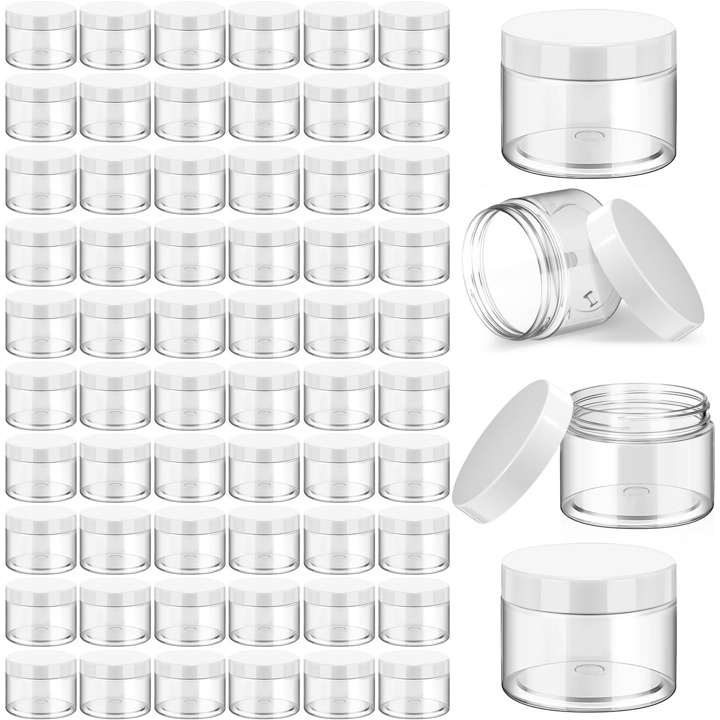 Patelai 60 Pcs Plastic Containers with Lids, Round Leakproof Cosmetic Containers, Multipurpose Storage Jars for Makeup, Lotion, Ointment, Rhinestone Samples, Dry Food and Toiletries(White,6 oz)
