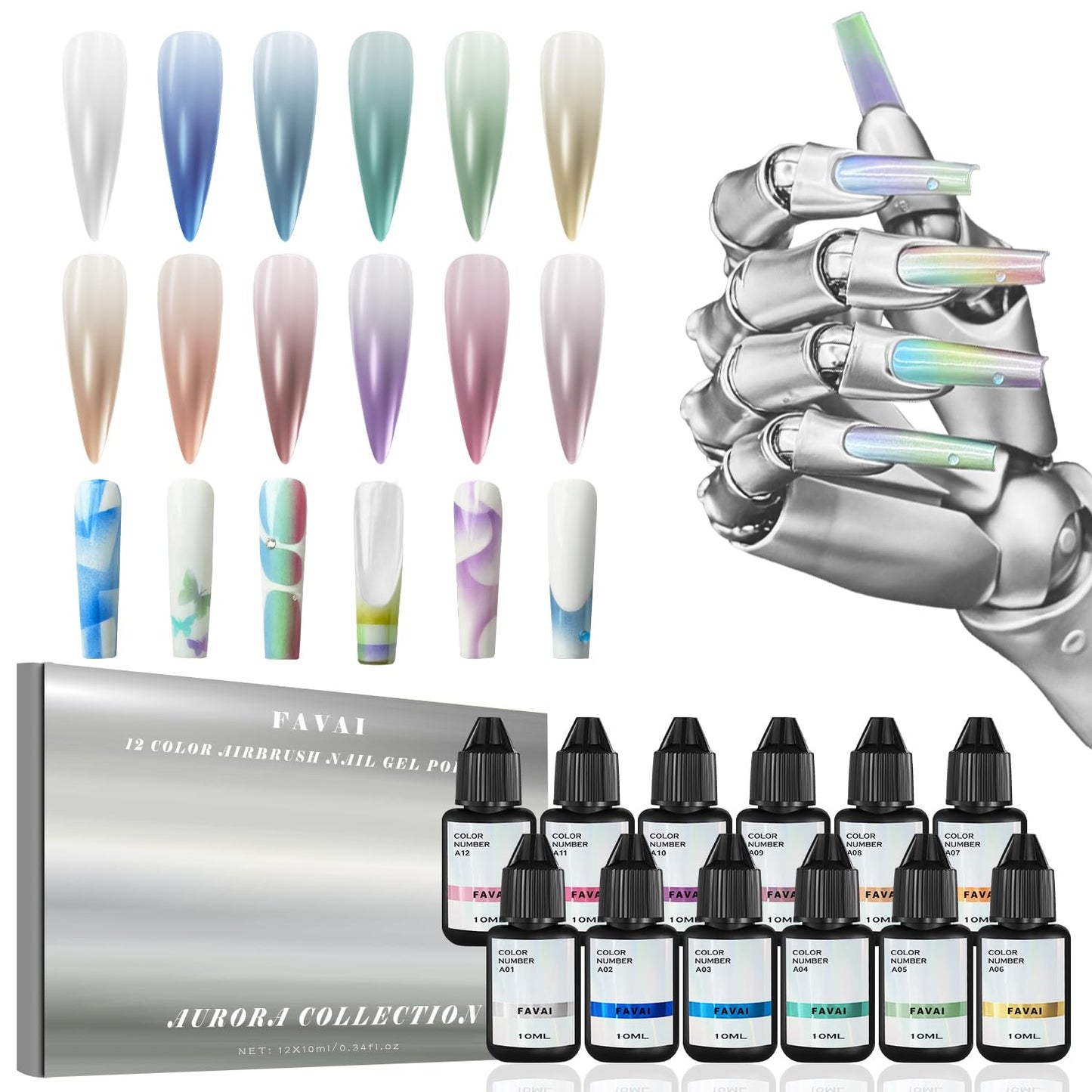FAVAI Iridescent Metallic Airbrush Gel Nail Polish 12 Colors, HEMA Free & Dilution Free, Non-Acetone Shimmer Glitter Gel for French Ombre Salon DIY Nail Art