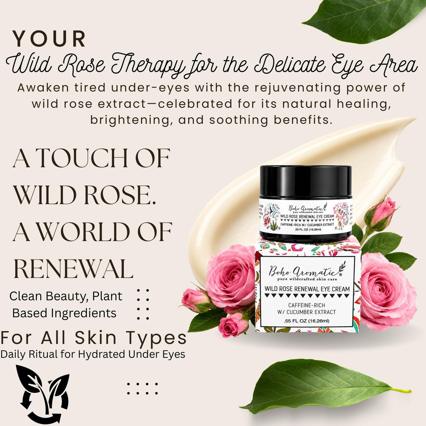 Boho Aromatic Under Eye Cream for Dark Circles & Puffiness – Anti-Aging Hydrating Eye Cream with Hyaluronic Acid for Fine Lines & Wrinkles – Wild Rose Renewal