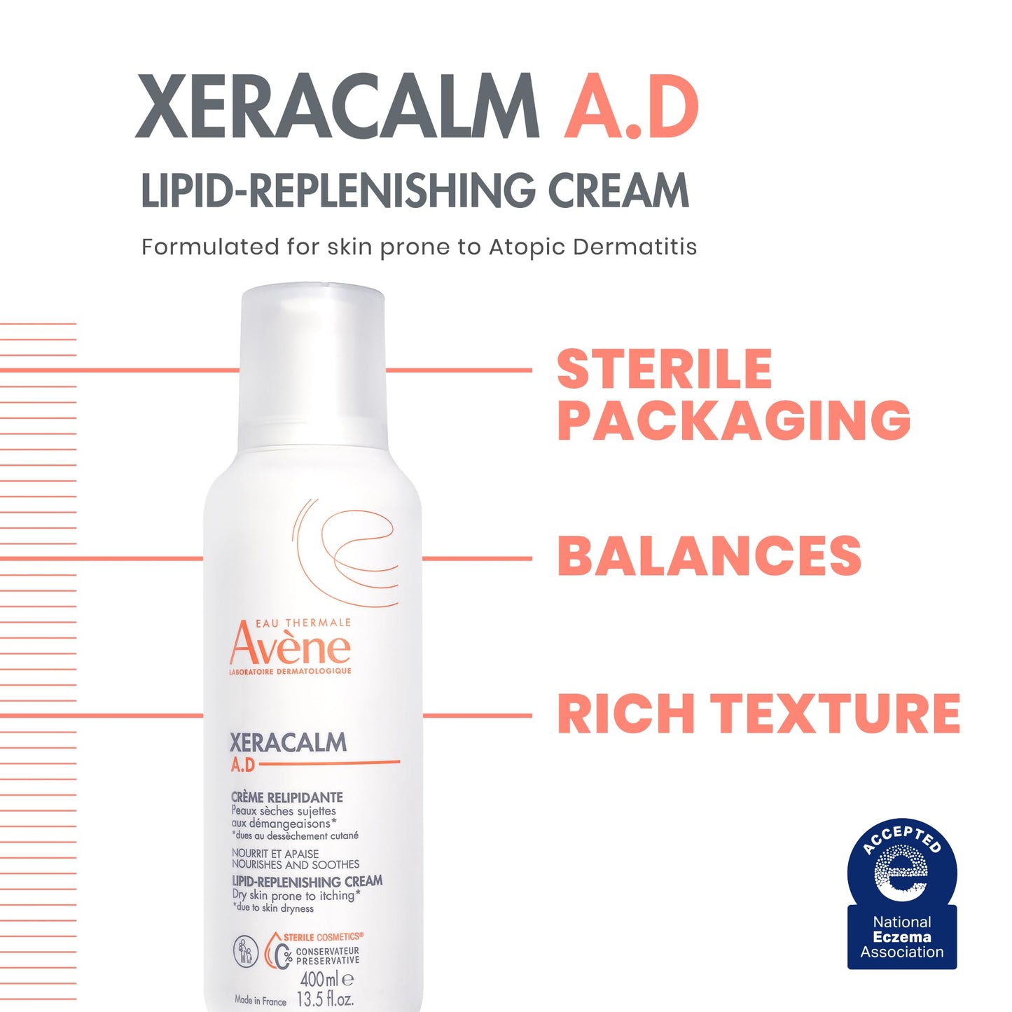 Avène XeraCalm A.D Lipid-Replenishing Cream, Atopic Dermatitis, Eczema-Prone Skin, For Dry, Itchy Skin, Restore Skin barrier, For Infants, Children & Adults, No Preservative, Fragrance-Free 6.7 Oz.