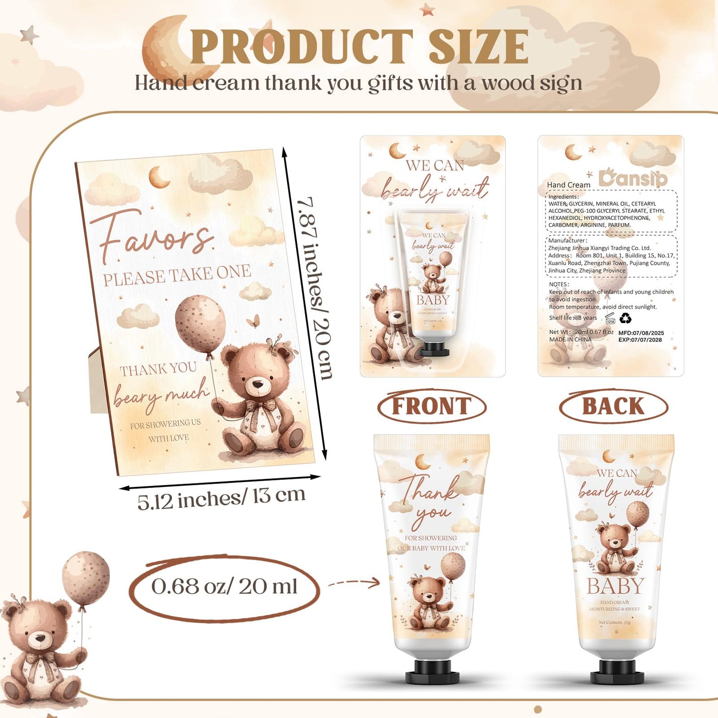 Dansib 30 Pack We Can Bearly Wait Baby Shower Hand Cream Baby Shower Favors Games Prizes Party Favors with 1 Wooden Stand for Guests for Gender Reveal Souvenirs, Gift Bags Stuffers