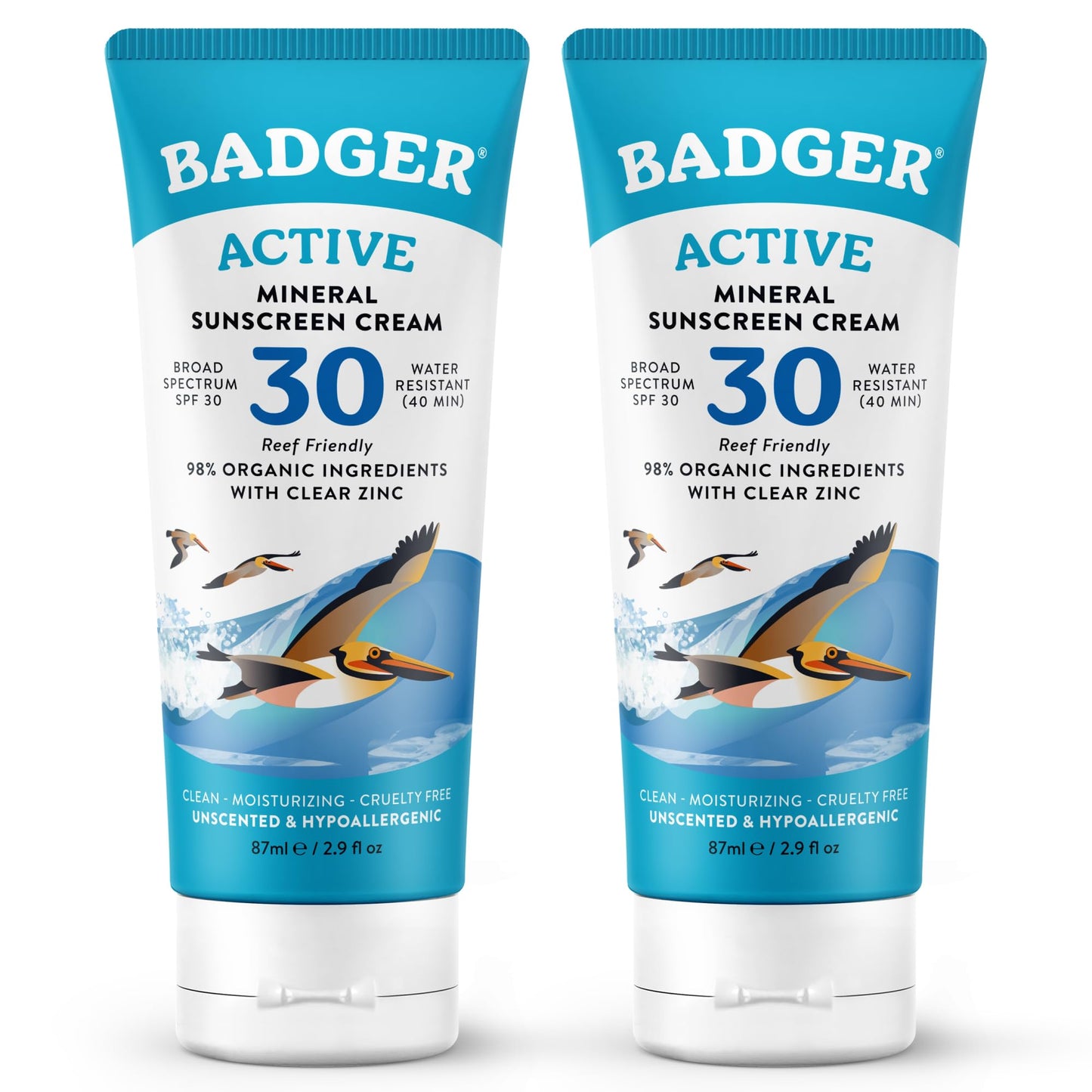 Badger Mineral Sunscreen Cream SPF 30, Zinc Oxide Sun Care, 98% Organic, Reef Safe, Water Resistant, Unscented Face and Body Sunscreen Travel Size, 2.9 fl oz, 2-Pack