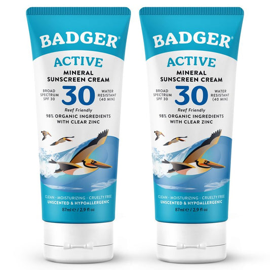 Badger Mineral Sunscreen Cream SPF 30, Zinc Oxide Sun Care, 98% Organic, Reef Safe, Water Resistant, Unscented Face and Body Sunscreen Travel Size, 2.9 fl oz, 2-Pack