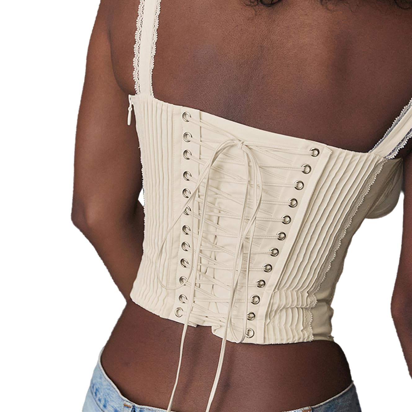 YADMISU Women's Lace Up Cami Corset Tops Cold Shoulder Zip Side Ties Back Sexy Going Out Bodyshaper Bustier Top,Apricot,M