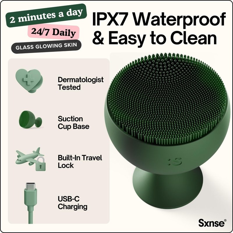 Electric Silicone Face Scrubber for Acne - 7000+ Sonic Pulses, IPX7 Waterproof, 3 Speed Settings | Forest Color