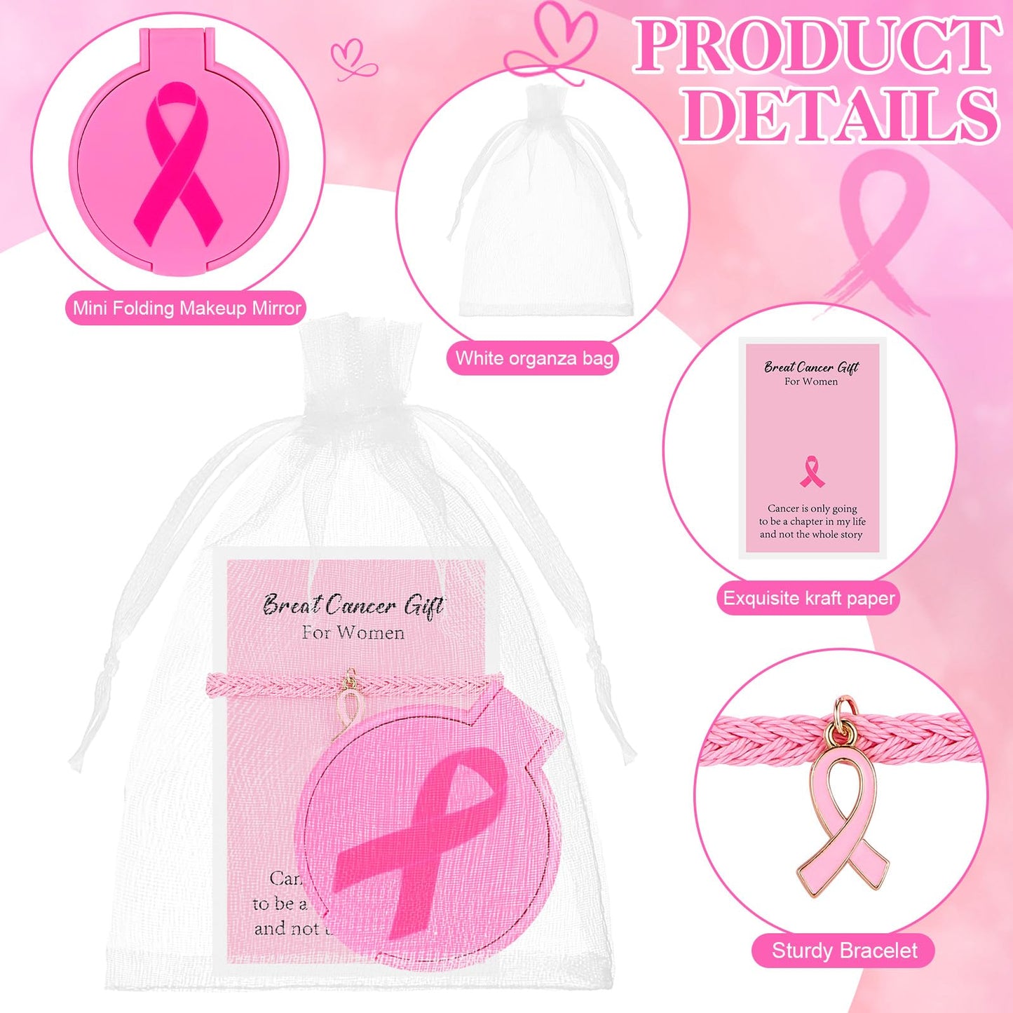 Geetery 72 Pcs Breast Cancer Awareness Gifts Set for Women Compact Folding Mirrors, Pink Ribbon Bracelets, Organza Bags for Breast Cancer Charity Event Survivor Campaign Party Accessories(Pink)