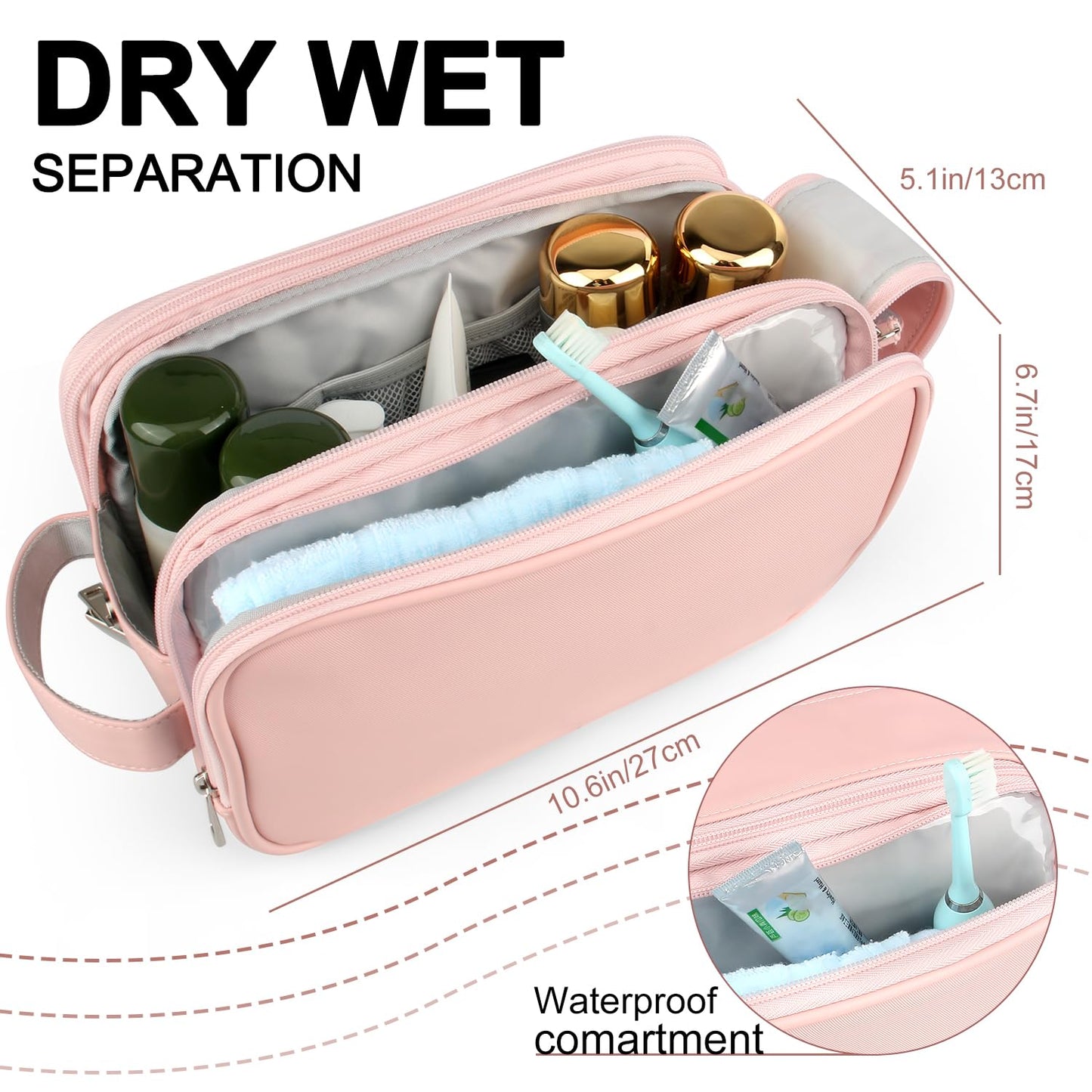 Rhea Rose Toiletry Bag for Women, Makeup Travel Bag Organizer, Large Bathroom Cosmetic bag, Traveling Dopp Kit Accessories Shower Bag, Pink