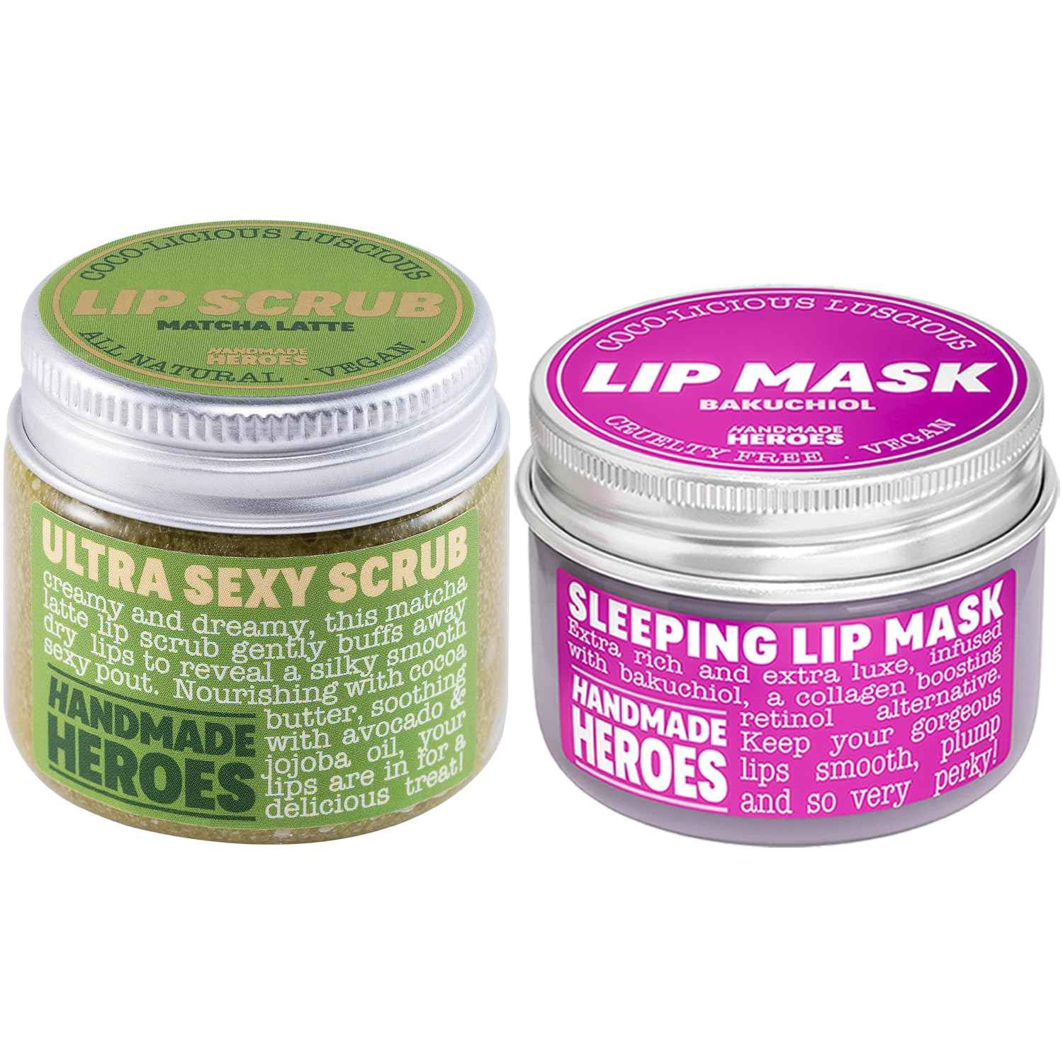 Handmade Heroes Plumping Bakuchiol Lip Mask and Green Tea Lip Scrub Bundle - Clean Sustainable Skincare Lip Exfoliator and Lip Treatment - Matcha Latte & Bakuchiol