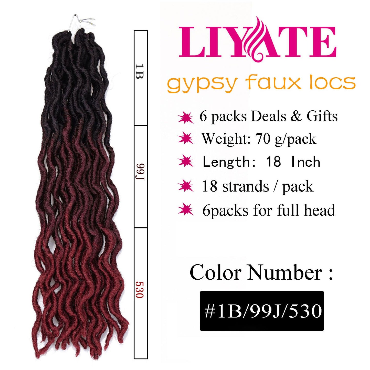 18 Inch Goddess Faux locs Crochet Hair 6 Packs/Lot Soft Gypsy Locs Wavy Crochet Braids Dreadlocks 3Tone Curly Wavy Twist Braiding Hair Extensions African Roots Braid(1B/99J/530#)