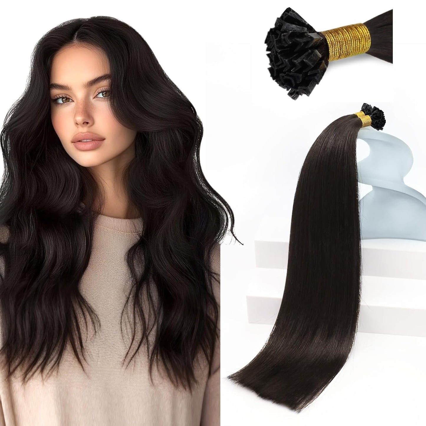 16 Inch K Tip Hair Extensions - Real Human Hair, Dark Brown | Invisible V-Tips for Seamless Blend & Volume