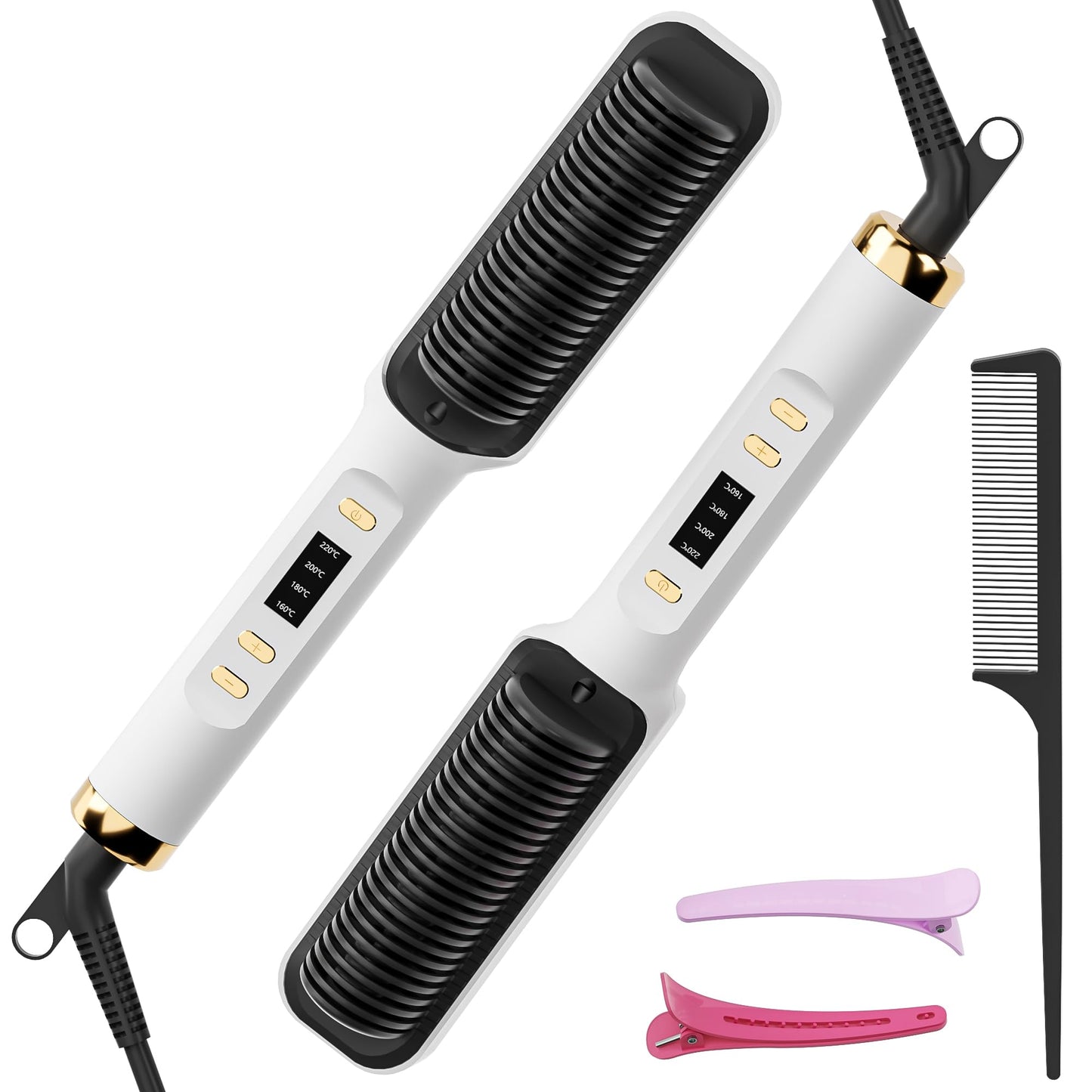 Hair Straightener Brush, Hair Straightening Iron with Built-in Comb, 4 Temp Settings & LED Display & Anti-Scald & Auto-Off Safety, Perfect for Fine, Soft Hair