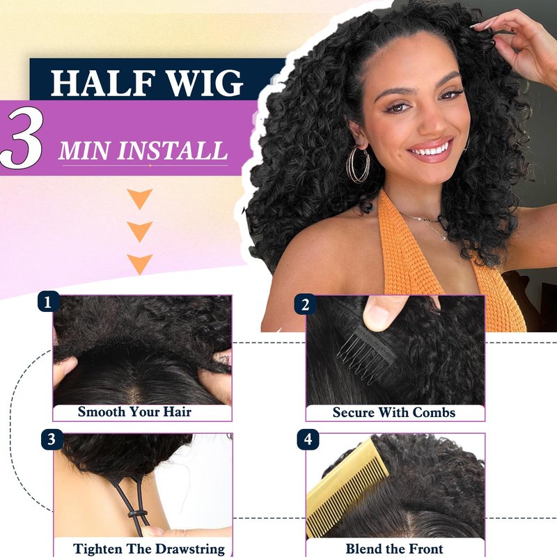 DEYNGS Synthetic Half Wig, Kinky Curly 3 In 1 Wigs For Black Women, Seamless Flip Over Half Wigs Glueless Wear and Go Beginner Friendly Drawstring Headband Wig for Women