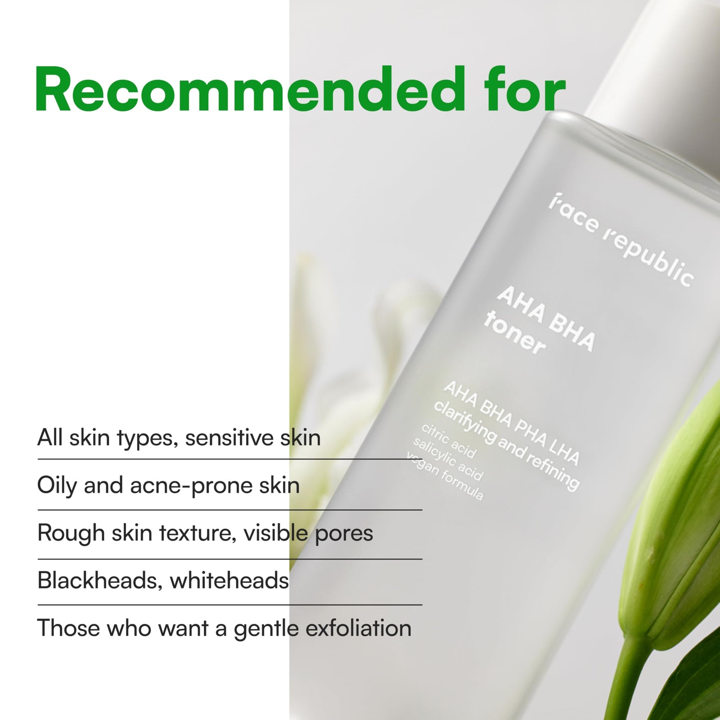 Face Republic AHA/BHA Toner 160ml 5.41 fl oz | Clarifying, Refining, Hydrating | Pore Care, Gentle Exfoliation | AHA BHA PHA LHA | for Oily, Sensitive Skin | Alcohol-Free | Vegan Korean Skincare